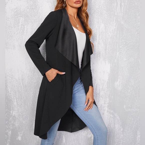Waterfall front open long lightweight cardigan jacket black - Picture 1 of 4